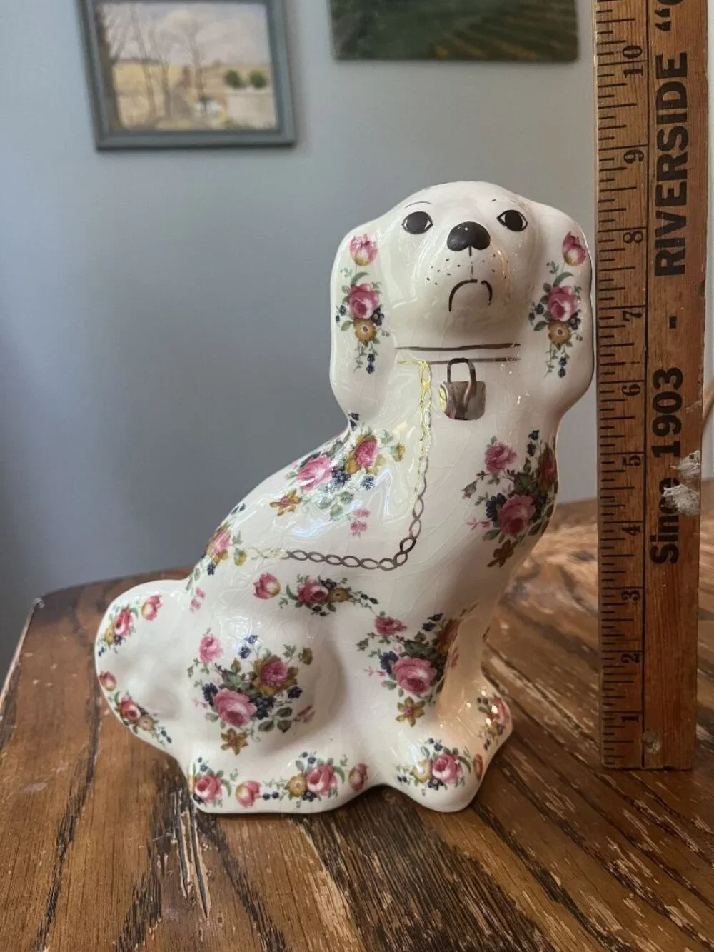 Vintage Large Rose Chintz Staffordshire Spaniel Dog Figurine - English Country D